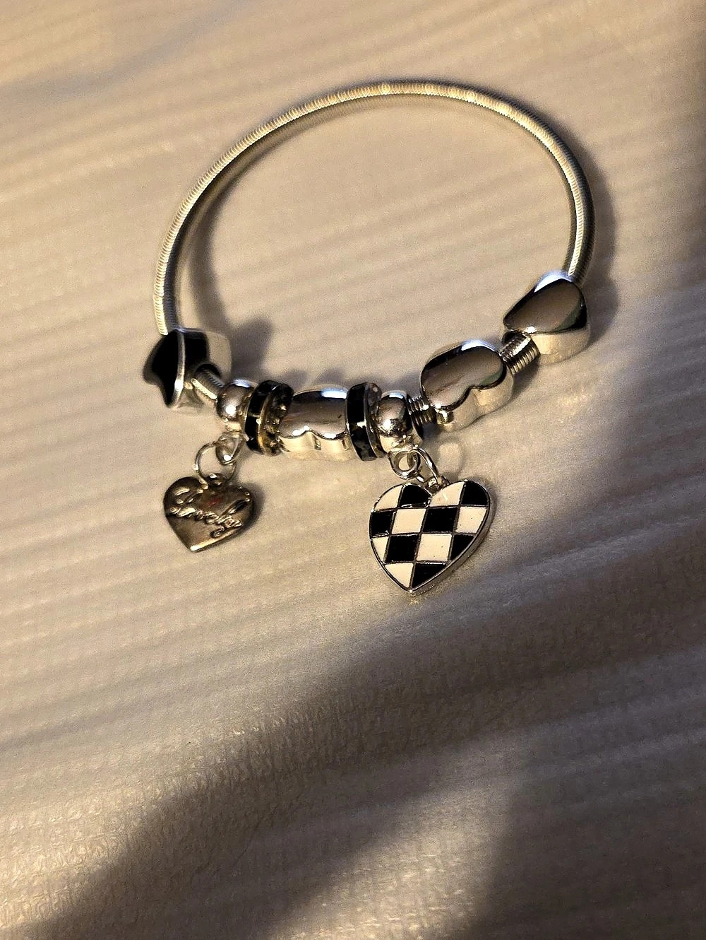 Silver & Black Checkered Heart Charm Bracelet